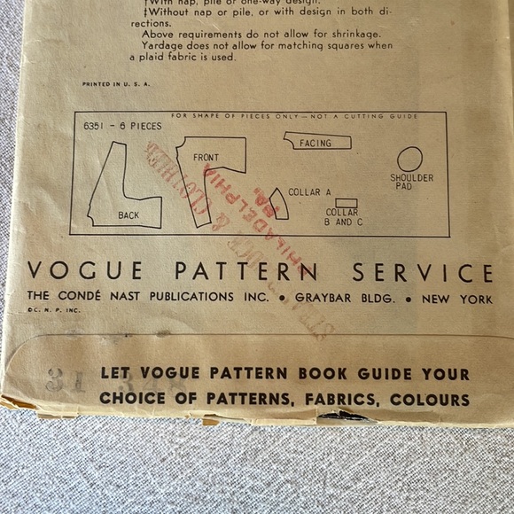 Vintage Vogue Pattern, 6351, size 18, 36 bust, 39 hip ca 1950's - Picture 4 of 11